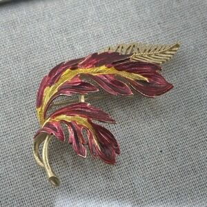 Vintage Gold Tone Red Yellow Fall Leaves Brooch Pin Autumn Granny‎
